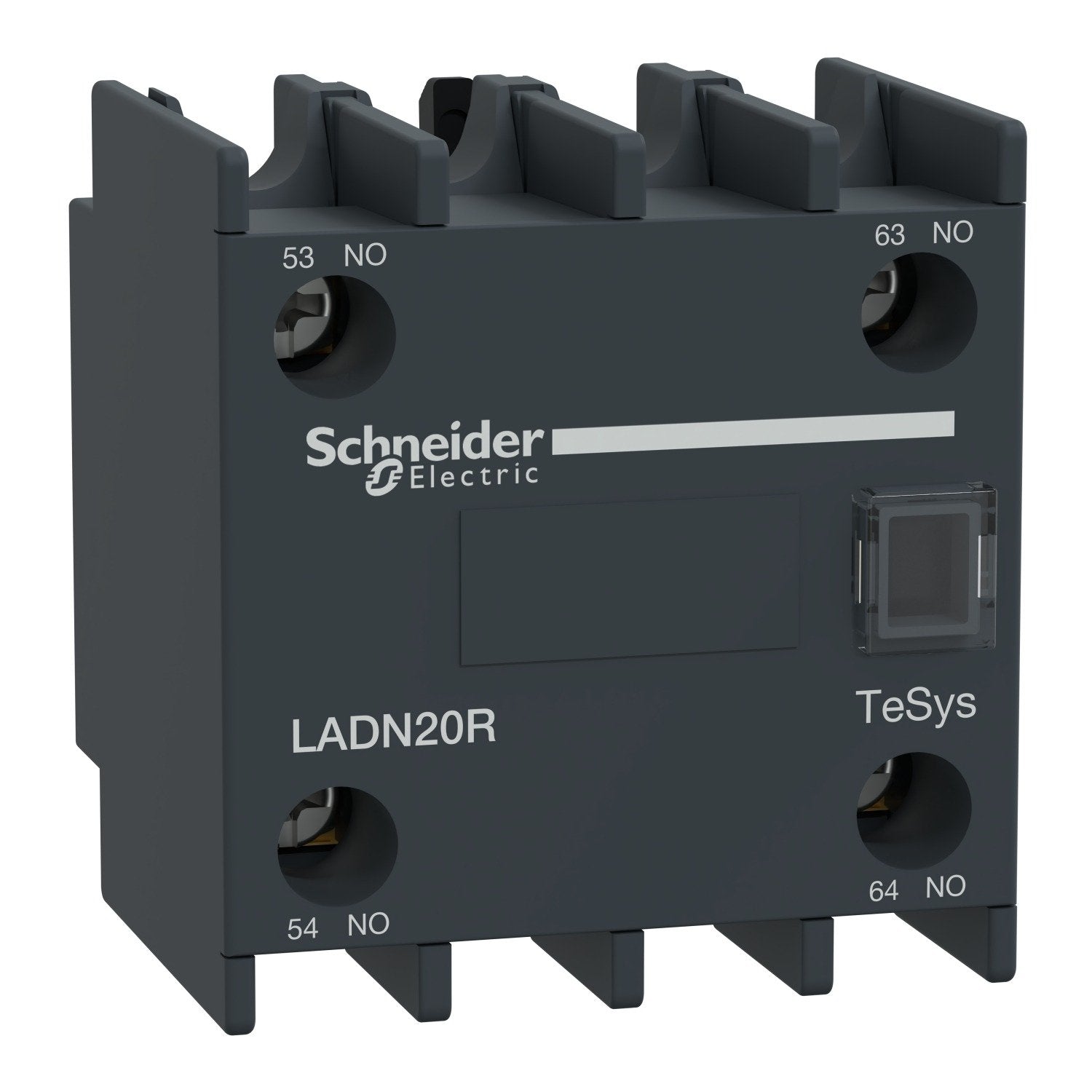 The Schneider Electric Auxiliary contact block, TeSys Deca, features 2 NO contacts with screw clamp terminals. It is mounted on the front and operates at a rated operational voltage of 690 V AC, 25 to 400 Hz. It complies with the standards EN/IEC 60947-5-1, GB/T 14048.5, EN 50012, UL 60947-5-1, CSA C22.2 No 60947-5-1, IEC 60335-1 Clause 30.2, IEC 60335-2-40 Annex JJ, and UL 60335-2-40 Annex JJ. Mechanical durability 30 Mcycles Color Dark grey IP degree of protection IP2X conforming to IEC 60529 Protective t