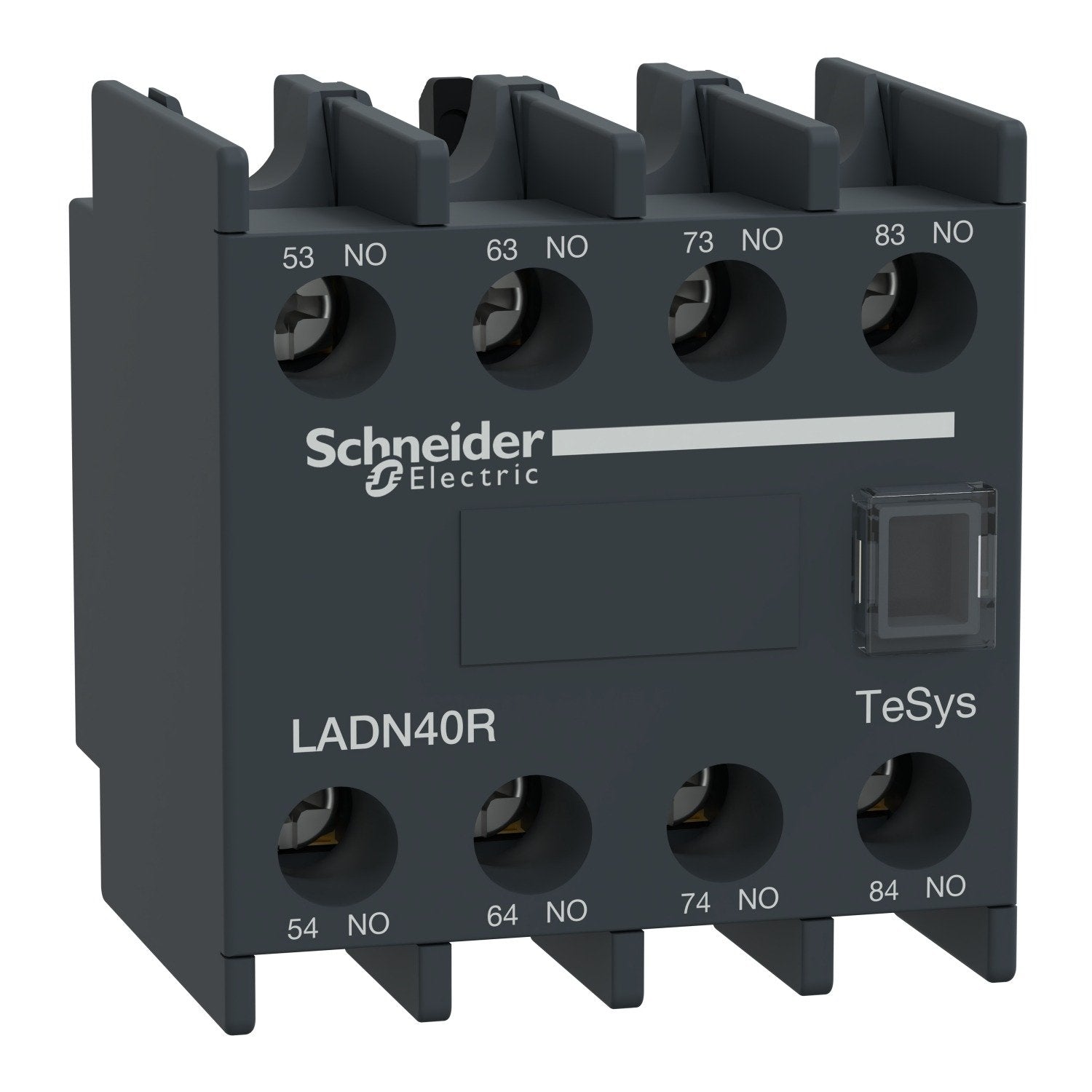 The Schneider Electric Auxiliary contact block TeSys Deca, features 4 NO contacts with screw clamp terminals. It is mounted on the front and operates at a rated operational voltage of 690 V AC, 25 to 400 Hz. It complies with the standards EN/IEC 60947-5-1, GB/T 14048.5, EN 50012, UL 60947-5-1, CSA C22.2 No 60947-5-1, IEC 60335-1 Clause 30.2, IEC 60335-2-40 Annex JJ, and UL 60335-2-40 Annex JJ. Mechanical durability 30 Mcycles Color Dark grey IP degree of protection IP2X conforming to IEC 60529 Protective tr