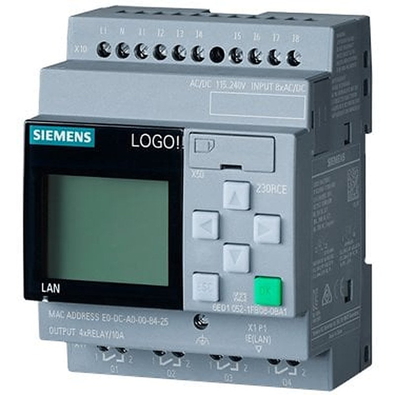 LOGO! 230RCE,logic module, display PS/I/O: 115V/230V/relay, 8 DI/4 DQ, memory 400 blocks, modular expandable, Ethernet, integrated web server, data log, user-defined web pages, standard microSD card for LOGO! Soft Comfort V8.3 or higher, older projects executable cloud connection in all LOGO! 8.3 basic units