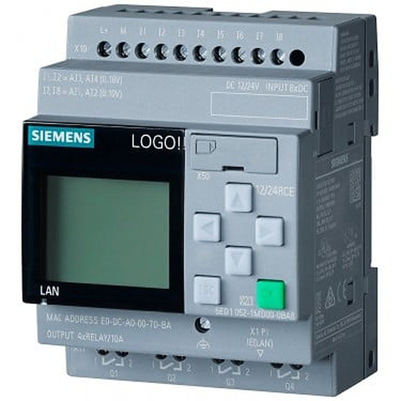 LOGO! 12/24RCE, logic module, display PS/I/O: 12/24VDC/relay, 8 DI (4 AI)/4 DO, memory 400 blocks, modularly expandable, Ethernet, integr. web server, data log, user-defined web pages, standard microSD card for LOGO! Soft Comfort V8 or higher, older projects executable