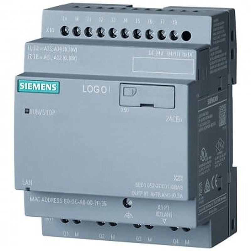 LOGO! 24CEO, logic module, without display, PS/I/O: 24 V/24 V/24 V trans., 8 DI (4AI)/4DO, memory 400 blocks, modular expandable, Ethernet integr. web server, data log, standard microSD card for LOGO! SOFT Comfort V8 or higher older projects executable