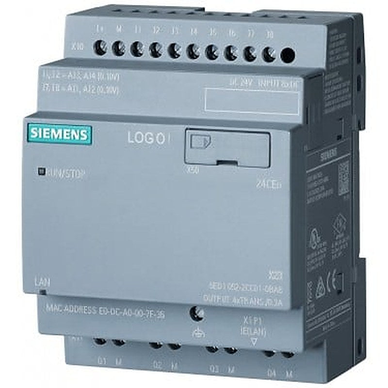 LOGO! 24CEo, logic module, without display, PS/I/O: 24 V/24 V/24 V trans., 8 DI (4 AI)/4 DO, memory 400 blocks, modularly expandable, Ethernet, integr. web server, data log, user-defined web pages, standard microSD card for LOGO! Soft Comfort V8 or higher, older projects executable