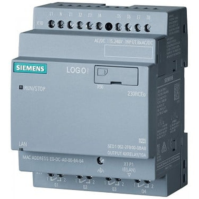 LOGO! 230RCEO, logic module PS/I/O: 230V/230V/relay, 8 DI/4 DO, without display Memory 400 blocks, modular expandable, Ethernet integr. web server, data log, standard microSD card for LOGO! SOFT Comfort V8 or higher older projects executable