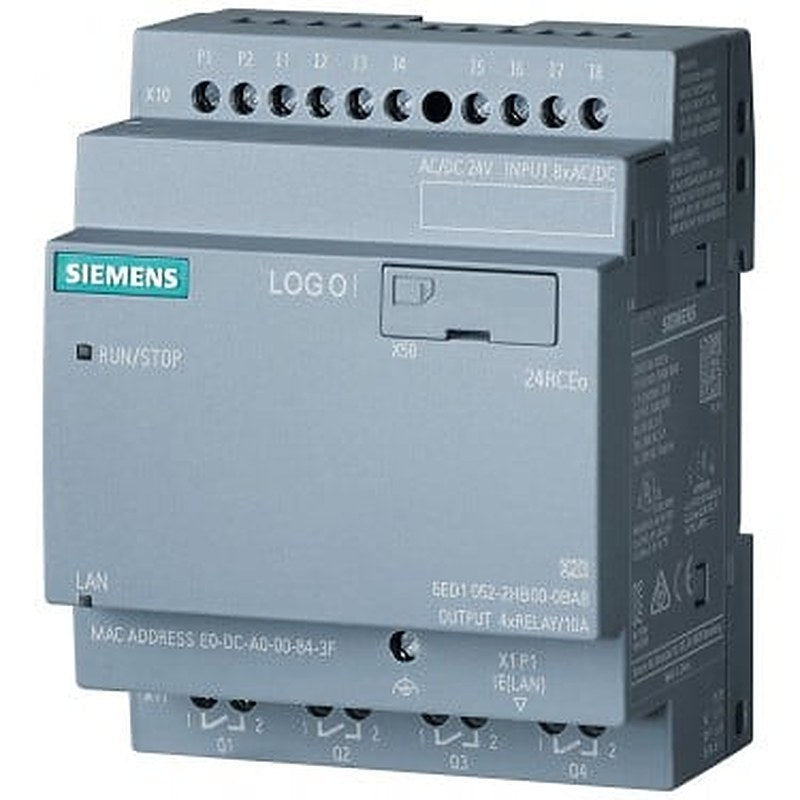 LOGO! 24RCEO (AC), logic module, PS/I/O: DC 24V/24V AC/relay, 8 DI/4 DO, without display, memory 400 blocks, modularly expandable, Ethernet, integr. web server, data log, user-defined web pages, standard microSD card for LOGO! Soft Comfort V8 or higher, older projects executable
