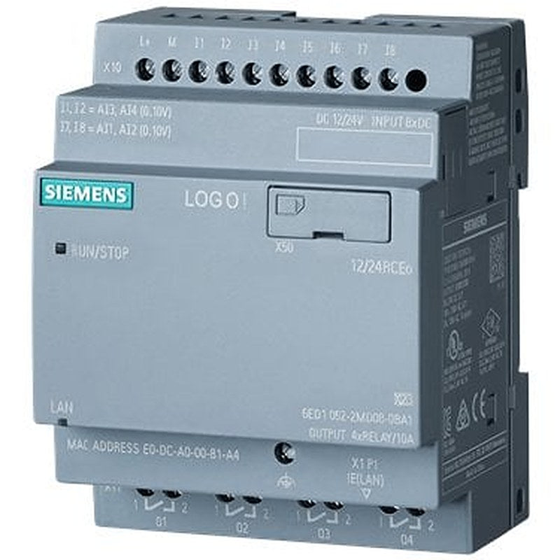 LOGO! 12/24RCEO, logic module, PS/I/O: 12/24VDC/relay, 8 DI (4 AI)/4 DQ, without display, memory 400 blocks, modular expandable, Ethernet, integrated web server, data log, user-defined web pages, standard microSD card for LOGO! Soft Comfort V8.3 or higher, older projects executable cloud connection in all LOGO! 8.3 basic units