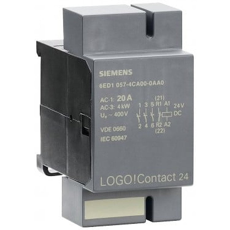 LOGO! contact 24 Switching module for direct switching of resistive loads up to 20 A and motors up to 4 kW, 24 V DC, 3 NO contacts+1 NC EAN: 4025515050742