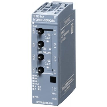 SIMATIC ET 200SP, relay module normally open, RQ NO-MA4x120VDC..230VAC/5A ST, with manual operation, packing unit VPE 1, suitable for BU type B0 or B1, Module diagnostics