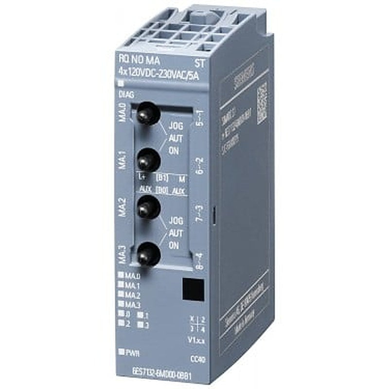 SIMATIC ET 200SP, relay module normally open, RQ NO-MA4x120VDC..230VAC/5A ST, with manual operation, packing unit VPE 1, suitable for BU type B0 or B1, Module diagnostics