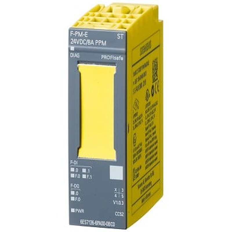 SIMATIC DP, POWER M. F-PM-E PPM PROFIsafe, for ET 200SP; 24 V DC safe shutdown of DQ and F-DQ up to PL D/SIL2 or PL E/SIL3 2 for safe dig. inputs 1 for safe dig. output PPM