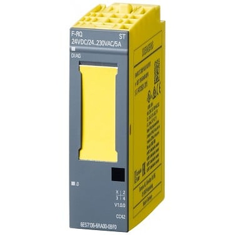 SIMATIC DP, Electronics module f. ET200SP, F-RQ 1x 24 V DC/24..230VAC/5A ST, 20 mm overall width, 1 relay output (2 NO) Summation output current 5 A, load voltage 24 V DC and 24.. 230 V AC, Can be used up to PL E (ISO 13849-1: 2008)/ SIL 3 (IEC 61508: 2010) if control takes place by (e.g. 6ES7136-6DB00-0CA0) F-DQ
