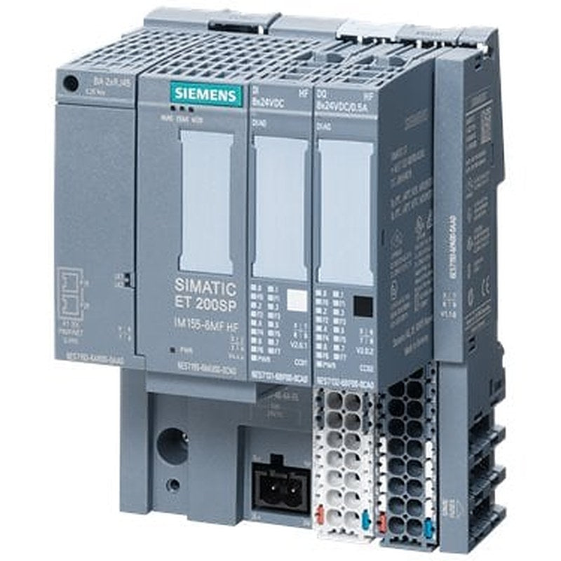 SIMATIC ET 200SP, MultiFieldbus, 2-port interface module, IM 155-6MF High Feature, PN IO, Ethernet IP, Modbus TCP, 1 slot for BusAdapter, max. 64 I/O modules and 16 ET 200AL modules, multi-hot swap, optional cable grip, including server module