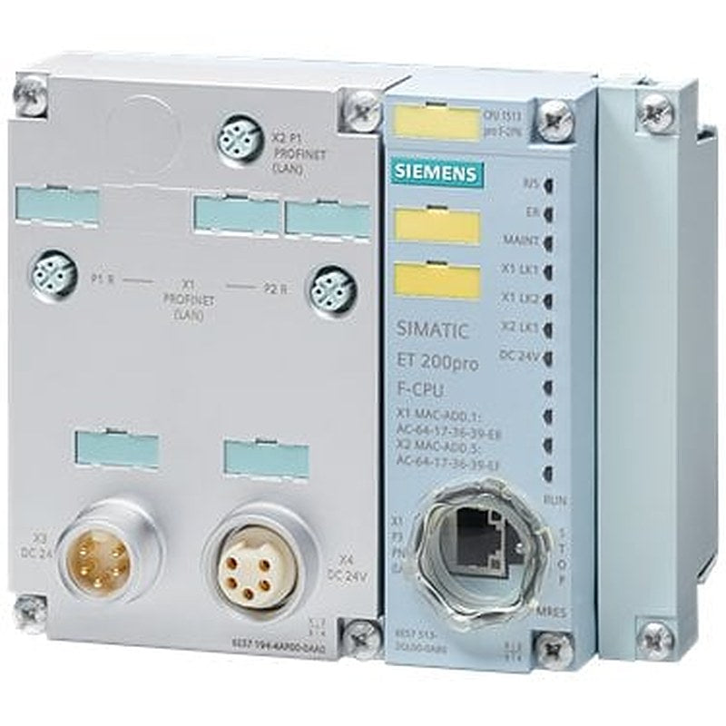 SIMATIC DP, CPU 1513pro F-2 PN for ET 200pro, central processing unit with 450 KB work memory for program and 1.5 MB for data, 1st interface: PROFINET IRT with 3-port switch, 2nd interface: PROFINET RT, 40 ns bit performance, Degree of protection: IP65/67, SIMATIC Memory Card required connection module required