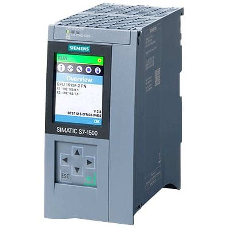 SIMATIC S7-1500F, CPU 1515F-2 PN, central processing unit with work memory 750 KB for program and 3 MB for data, 1st interface: PROFINET IRT with 2-port switch, 2nd interface: PROFINET RT, 30 ns bit performance, SIMATIC Memory Card required