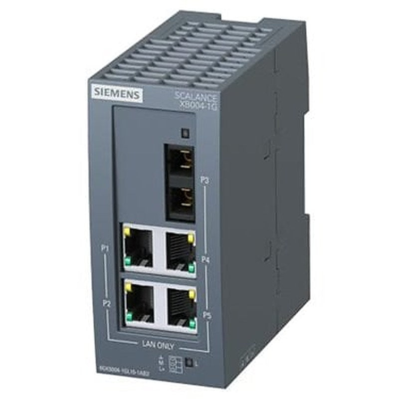 SCALANCE XB004-1G unmanaged Industrial Ethernet Switch for 10/100/1000 Mbit/s; for setting up small star and line topologies; LED diagnostics, IP20, 24 V DC power supply, with 4x 10/100/1000 Mbit/s RJ45 ports electrical and 1 x 1000 Mbit/s SC-port optical (multimode, glass), up to max. 750 m Manual available as a download .