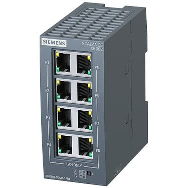SCALANCE XB008 Unmanaged Industrial Ethernet Switch for 10/100 Mbit/s; for setting up small star and line topologies; LED diagnostics, IP20, 24 V AC/DC power supply, with 8x 10/100 Mbit/s twisted pair ports with RJ45 sockets; Manual available as a download .