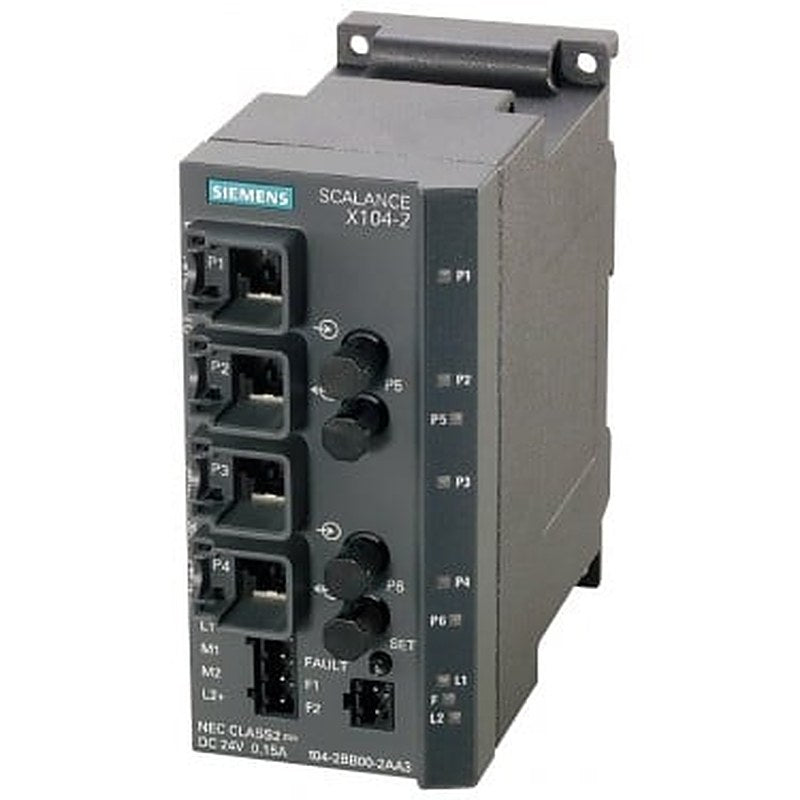 SCALANCE X104-2, Unmanaged IE switch, 4x 10/100 Mbit/s RJ45 ports, 2x 100 Mbit/s Multimode BFOC, LED diagnostics, error-signaling contact with set pushbutton, redundant power supply Manual available as a download .