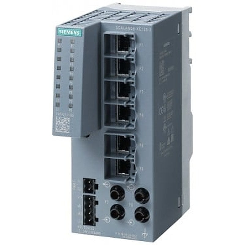 SCALANCE XC106-2, Unmanaged IE switch, 6x 10/100 Mbit/s RJ45 ports, 2x 100 Mbit/s Multimode BFOC, LED diagnostics, error-signaling contact with set pushbutton, redundant power supply Manual available as a download .