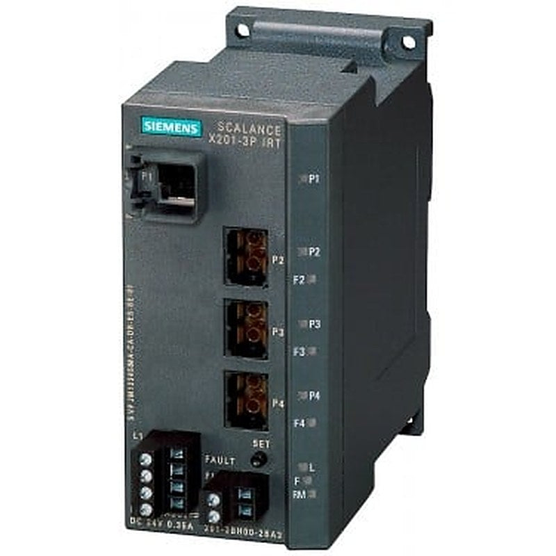 SCALANCE X201-3PIRT managed IE IRT switch, 1x 10/100 Mbit/s RJ45 ports, 3x 100 Mbit/s POF SC RJ ports, Error signaling contact with set pushbutton, Redundant power supply, PROFINET IO device, network management, Redundancy Manager integrated, incl. electron. manual on CD-ROM, C-plug optional.