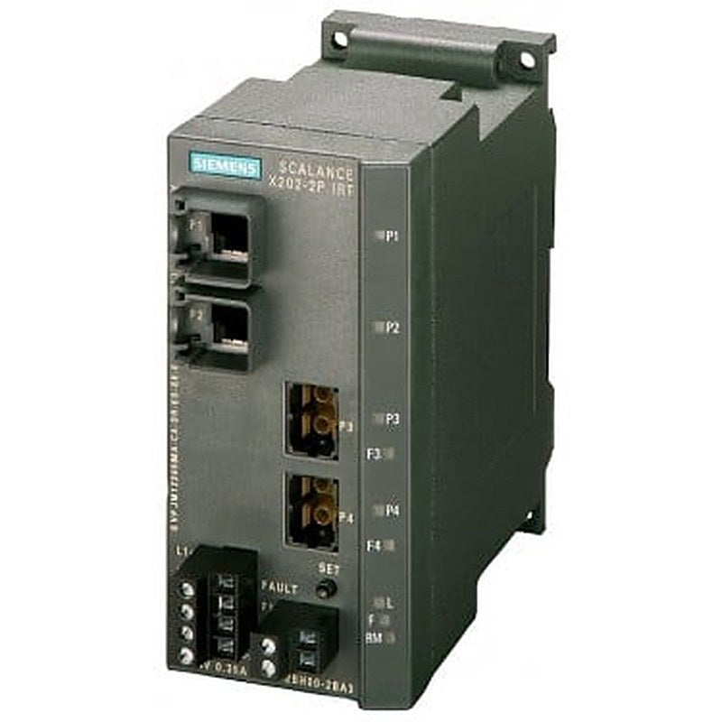 SCALANCE X202-2PIRT managed IE IRT switch, 2x 10/100 Mbit/s RJ45 ports, 2x 100 Mbit/s POF SC RJ ports, Error signaling contact with set pushbutton, Redundant power supply, PROFINET IO device, network management, Redundancy Manager integrated, incl. electron. manual on CD-ROM, C-plug optional.