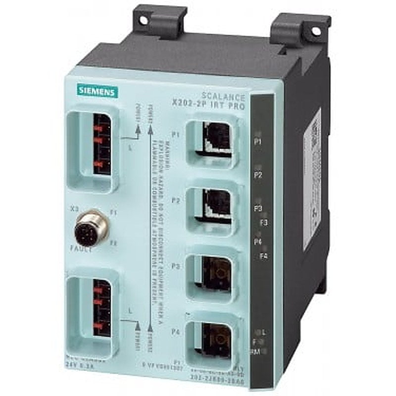 SCALANCE X202-2PIRT PRO, Managed IE IRT switch, Degree of protection IP65/67, 2x 10/100 Mbit/s Push Pull RJ45 ports, 2x 100 Mbit/s Push-pull SCRJ port; Error signaling contact with set pushbutton, Redundant power supply, PROFINET IO device; network management, Redundancy Manager integrated, incl. electron. manual on CD-ROM, C-plug optional.