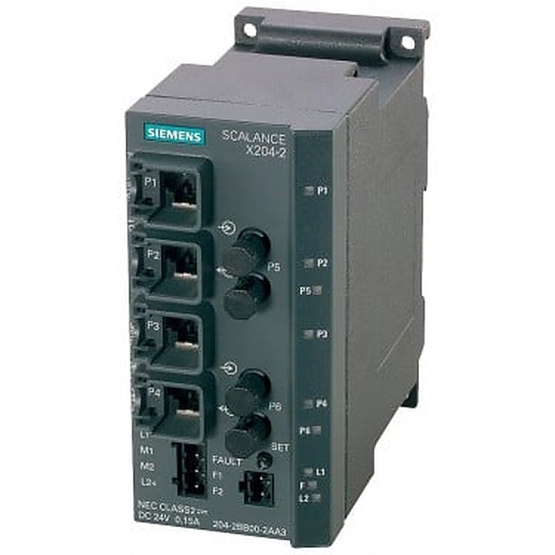 SCALANCE X204-2, managed IE switch, 4x 10/100 Mbit/s RJ45 ports, 2x 100 Mbit/s multimode BFOC, LED diagnostics, error signaling contact with set pushbutton, redundant power supply, PROFINET IO device, network management; Redundancy Manager integrated, incl. electron. manual on CD-ROM, C-PLUG optional.