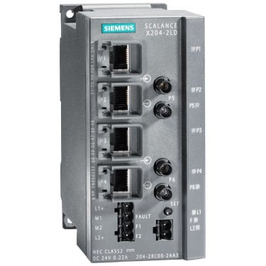 SCALANCE X204-2LD, managed IE switch, 4x 10/100 Mbit/s RJ45 ports, 2x 100 Mbit/s single-mode BFOC, error signaling contact with set pushbutton, redundant power supply, PROFINET IO device, network management, redundancy manager integrated, incl. electron. manual on CD-ROM, C-PLUG optional.