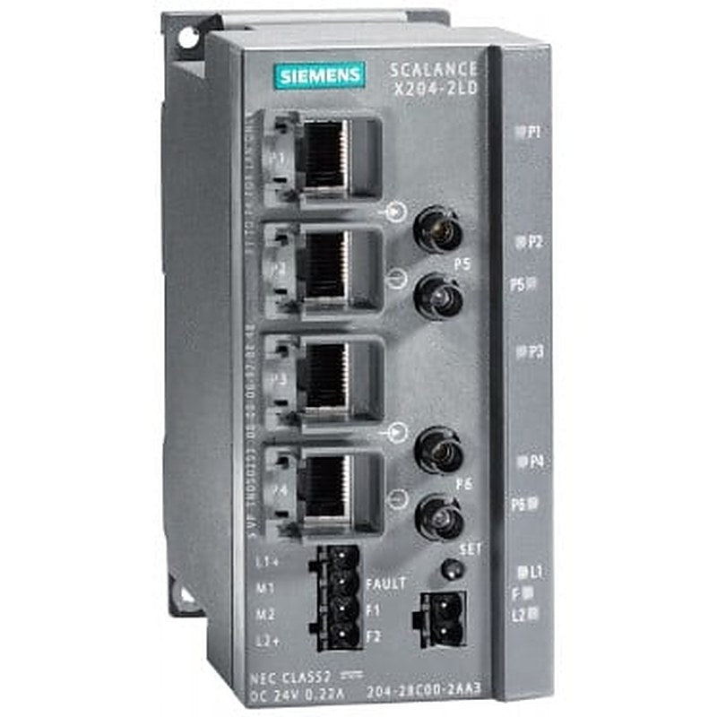 SCALANCE X204-2LD, managed IE switch, 4x 10/100 Mbit/s RJ45 ports, 2x 100 Mbit/s single-mode BFOC, error signaling contact with set pushbutton, redundant power supply, PROFINET IO device, network management, redundancy manager integrated, incl. electron. manual on CD-ROM, C-PLUG optional.