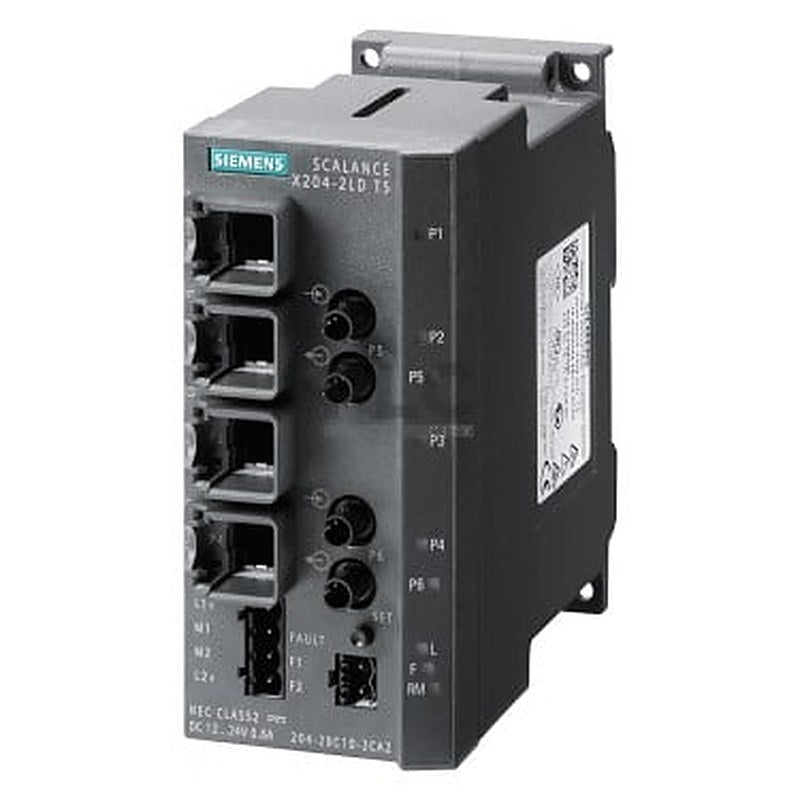 SCALANCE X204-2LD TS; managed IE switch; 4x 10/100 Mbit/s RJ45 ports; 2x 100 Mbit/s single-mode BFOC; LED diagnostics; error signaling contact with set pushbutton, redundant power supply; PROFINET IO device; network management, Redundancy Manager integrated, incl. electron. manual on CD-ROM, C-PLUG optional.