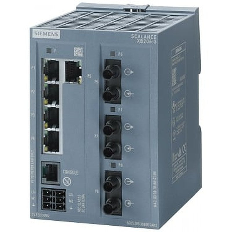 SCALANCE XB205-3 managed Layer 2 IE switch 5x 10/100 Mbit/s RJ45 ports 3x MM FO ST port 1x console port, diagnostics LED redundant power supply; IEC 62443-4-2 certified; temperature range 0 °C to +60 °C; DIN-rail mounting; default PROFINET.