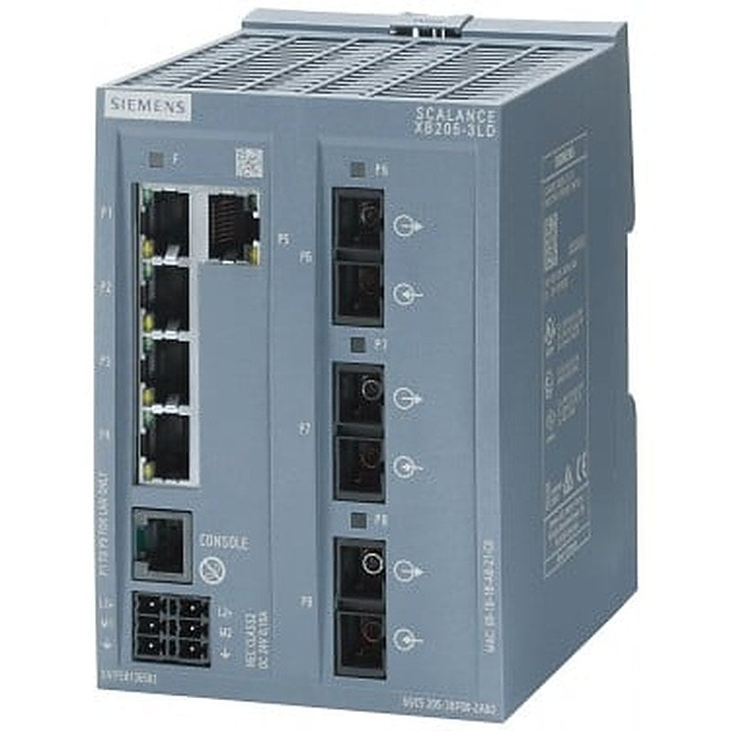 SCALANCE XB205-3LD managed layer 2 IE switch 5x 10/100 Mbit/s RJ45 ports 3x SM FO SC-port 1x console port, diagnostics LED redundant power supply; IEC 62443-4-2 certified; temperature range 0 °C to +60 °C; DIN-rail mounting; default EtherNet/IP.