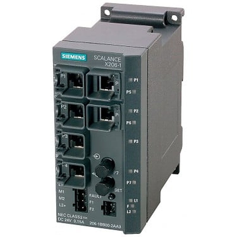 SCALANCE X206-1, managed IE switch, 6x 10/100 Mbit/s RJ45 ports, 1x 100 Mbit/s multimode BFOC, LED diagnostics, error signaling contact with set pushbutton, redundant power supply, PROFINET IO device, network management, redundancy manager integrated, incl. electron. manual on CD-ROM, C-PLUG optional.