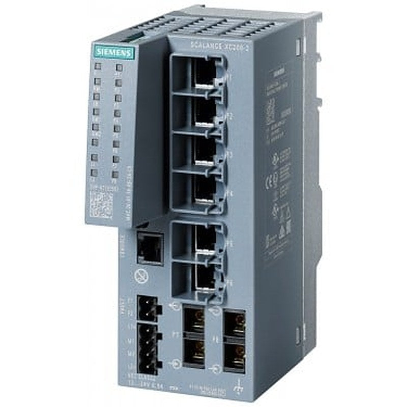 SCALANCE XC206-2 manageable Layer 2 IE switch; IEC 62443-4-2 certified; 6x 10/100 Mbit/s RJ45 ports; 2x 100 Mbit/s SC-ports, 1x console port; diagnostics LED; redundant power supply; temperature range -40 °C to +70 °C; assembly: DIN rail/S7 mounting rail/wall; redundancy functions; office features (RSTP, VLAN,...); PROFINET IO device Ethernet/IP-compliant C-PLUG slot.