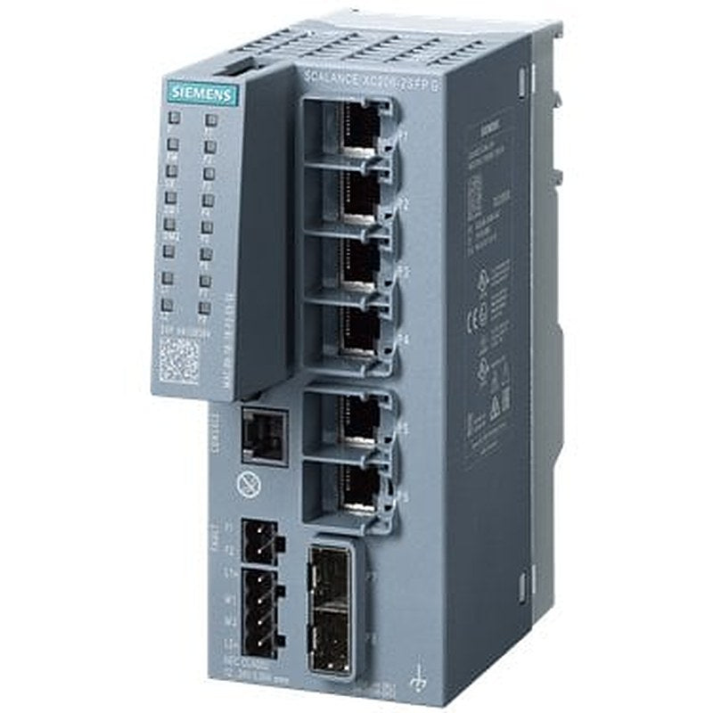 SCALANCE XC206-2SFP G manageable Layer 2 IE switch; IEC 62443-4-2 certified; 6x 10/100/1000 Mbps RJ45 ports; 2x 1000 Mbps SFP; 1x console port; diagnostics LED; redundant power supply; temperature range -40 °C to +70 °C; assembly: DIN rail/S7 mounting rail/wall; redundancy functions; office features (RSTP, VLAN,...); PROFINET IO device; Ethernet/IP-compliant; C-PLUG slot; IEEE 1588v2 PTP