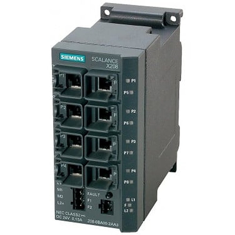 SCALANCE X208, managed IE switch, 8x 10/100 Mbit/s RJ45 ports, LED diagnostics, error-signaling contact with set pushbutton, redundant power supply, PROFINET IO device, network management, redundancy manager integrated, incl. electron. manual on CD-ROM, C-PLUG optional.