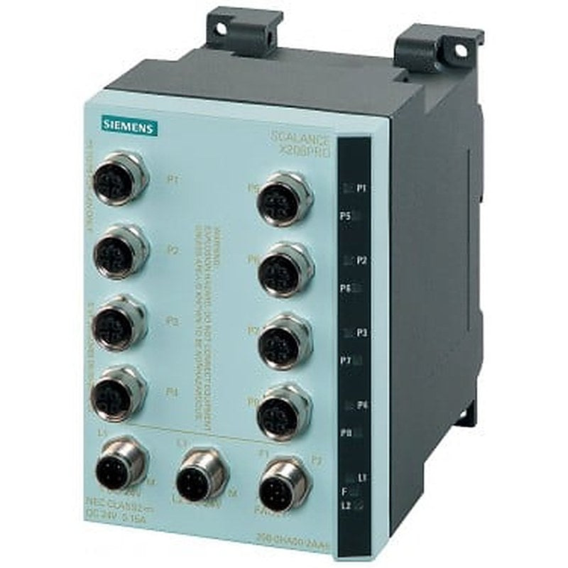 SCALANCE X208PRO, managed IE switch, 8x 10/100 Mbit/s M12 ports, IP65/67, LED diagnostics, error signaling contact, Redundant power supply, PROFINET IO device, network management, can be operated in redundant ring, dust caps, including electronic manual on CD-ROM, C-plug optional.