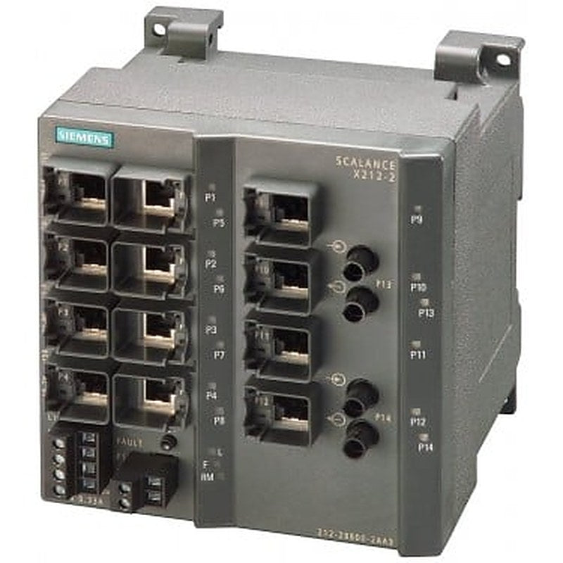 SCALANCE X212-2, managed IE switch, 12x 10/100 Mbit/s RJ45 ports, 2x 100 Mbit/s multimode BFOC, LED diagnostics, error-signaling contact with set pushbutton, redundant power supply, PROFINET IO device, network management, redundancy manager integrated, incl. electron. manual on CD-ROM, C-PLUG optional.