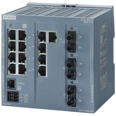 SCALANCE XB213-3 managed Layer 2 IE switch 13x 10/100 Mbit/s RJ45 ports, 3x MM FO ST port 1x console port, diagnostics LED, redundant power supply, IEC 62443-4-2 certified; temperature range 0 °C to +60 °C; DIN-rail mounting; default PROFINET.