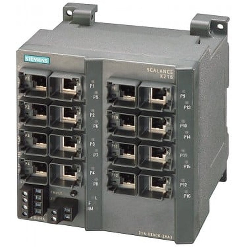 SCALANCE X216, managed IE switch, 16x 10/100 Mbit/s RJ45 ports, LED diagnostics, error-signaling contact with set pushbutton, redundant power supply, PROFINET IO device, network management, redundancy manager integrated, incl. electron. manual on CD-ROM, C-PLUG optional.