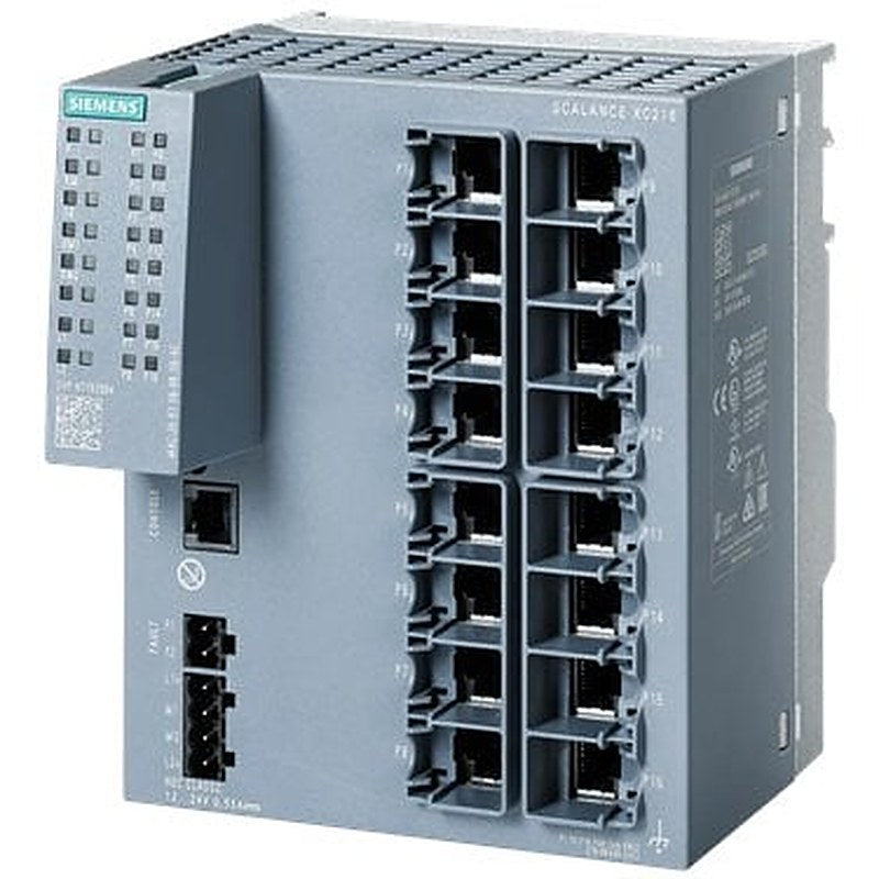 SCALANCE XC216 manageable Layer 2 IE switch; IEC 62443-4-2 certified; 16X 10/100 Mbit/s RJ45 ports; 1x console port, diagnostics LED; redundant power supply; temperature range -40 °C to +70 °C; assembly: DIN rail/S7 mounting rail/wall Office redundancy functions features (RSTP, VLAN,...); PROFINET IO device; Ethernet/IP-compliant; C-plug slot;