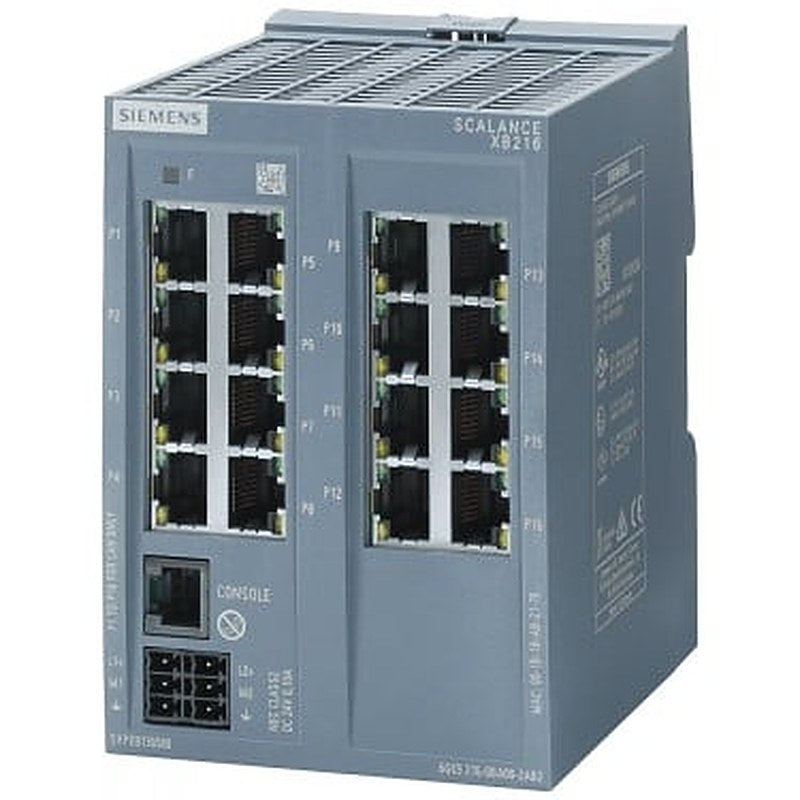 SCALANCE XB216 managed Layer 2 IE switch, 16X 10/100 Mbit/s RJ45 ports, 1x console port, diagnostics LED red redundant power supply; IEC 62443-4-2 certified; temperature range 0 to +60 °C DIN-rail mounting; default EtherNet/IP.
