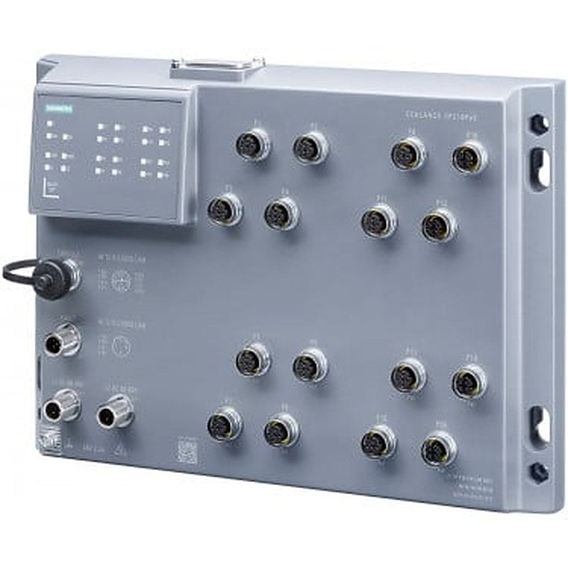 SCALANCE XP216, managed IE switch, 12x 10/100 Mbit/s IEC 62443-4-2 certified; M12 ports, 4x 10/100/1000 Mbit/s M12 ports IP65, LED diagnostics, error signaling contact, redundant power supply, PROFINET IO device, network management, can be operated in redundant ring, incl. dust caps, including electronic manual on CD-ROM, C-PLUG optional.