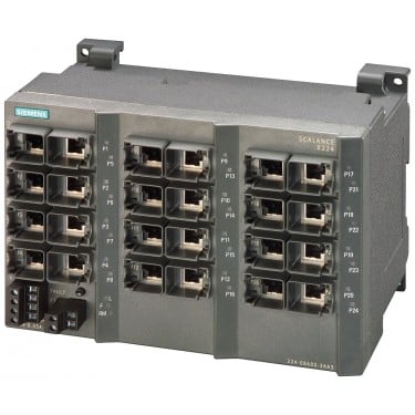 SCALANCE X224, managed IE switch, 24x 10/100 Mbit/s RJ45 ports, LED diagnostics, error-signaling contact with set pushbutton, redundant power supply, PROFINET IO device, network management, can be operated in red. ring, including electronic manual on CD-ROM, C-PLUG optional.