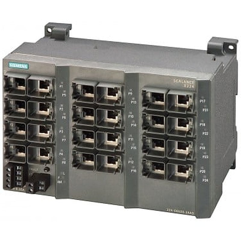 SCALANCE X224, managed IE switch, 24x 10/100 Mbit/s RJ45 ports, LED diagnostics, error-signaling contact with set pushbutton, redundant power supply, PROFINET IO device, network management, can be operated in red. ring, including electronic manual on CD-ROM, C-PLUG optional.