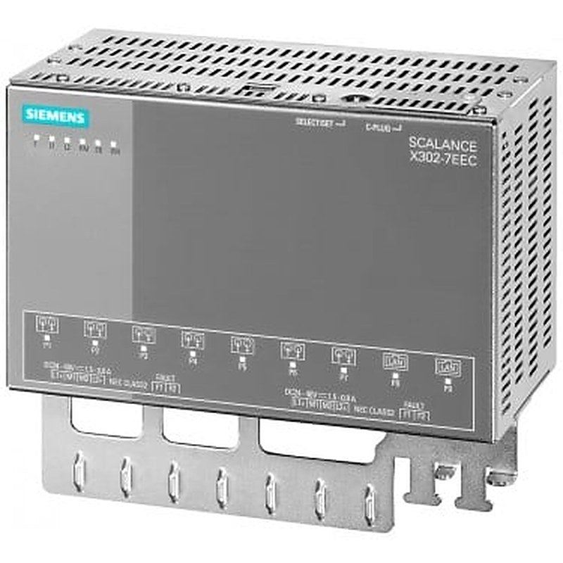 SCALANCE X302-7EEC; managed IE switch, compact; 2x 10/100/1000 Mbit/s RJ45, 7x 100 Mbit/s LC FO ports; LED diagnostics; error signaling contact; select/set pushbutton; PROFINET IO device; network management; integrated redundancy manager; office features (RSTP, VLAN, IGMP,..); C-plug in scope of delivery, 100-240 V AC/DC red. power supply unit; .