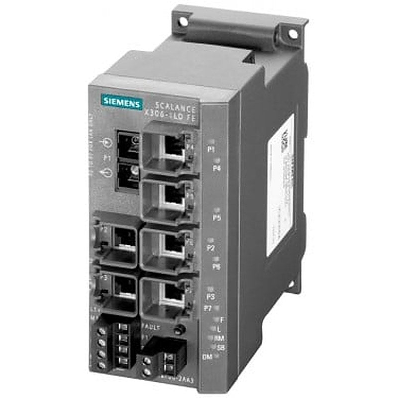 SCALANCE X306-1LD FE managed IE switch, 6x 10/100 Mbit/s RJ45 ports, 1x 100 Mbit/s SC port single-mode; LED diagnostics, error signaling contact with select/set pushbutton, PROFINET IO device, network management, integrated redundancy manager, office features (RSTP, VLAN, IGMP,..) C-plug in scope of delivery .