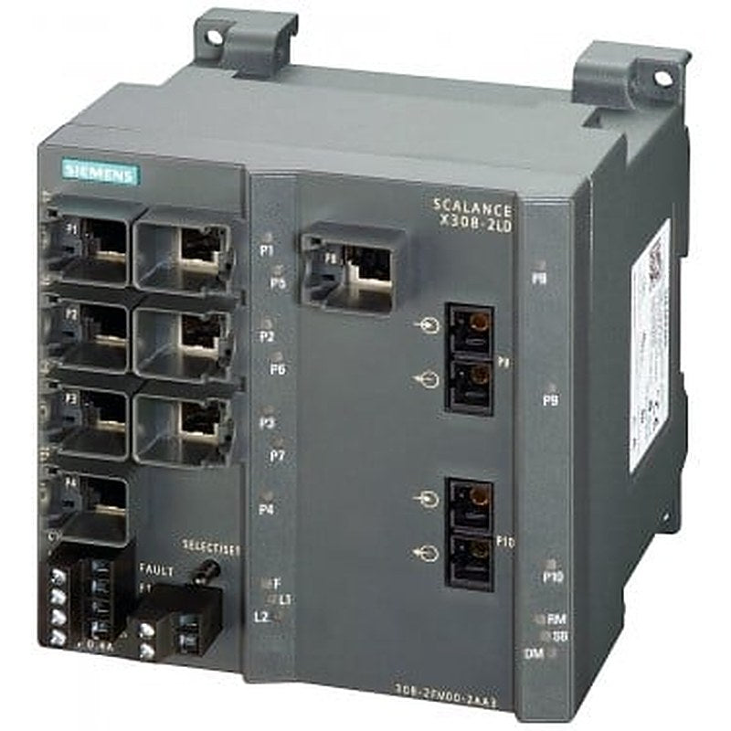 SCALANCE X308-2LD, managed plus IE switch, 2x 1000 Mbit/s SM SC, 1x 10/100/1000 Mbit/s, 7x 10/100 Mbit/s RJ45 ports, LED diagnostics, error signaling contact with select/set pushbutton, PROFINET IO device, network management, integrated redundancy manager, office features (RSTP, VLAN, IGMP,..) C-PLUG in scope of supply.