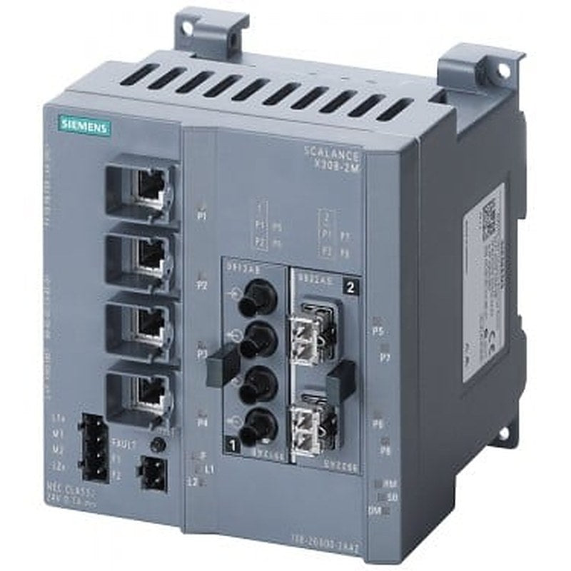 SCALANCE X308-2LH, managed plus IE switch, 2x 1000 Mbit/s SM SC, 1x 10/100/1000 Mbit/s, 7x 10/100 Mbit/s RJ45 ports, LED diagnostics, error signaling contact with select/set pushbutton, PROFINET IO device, network management, integrated redundancy manager, office features (RSTP, VLAN, IGMP,..) C-PLUG in scope of supply.