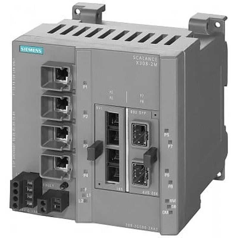 SCALANCE X308-2M; managed IE switch, compact; 4x 10/100/1000 Mbit/s for RJ45 ports electrical; 2x 100/1000 Mbit/s for 2-port media modules, electrical or optical; LED diagnostics; error signaling contact; select/set pushbutton; PROFINET IO device; network management; Integrated redundancy manager; office features (RSTP, VLAN, IGMP,..); C-PLUG in scope of supply.