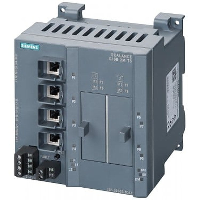 SCALANCE X308-2M TS; managed IE switch, compact; 4x 10/100/1000 Mbit/s for RJ45 ports electrical; 2x 100/1000 Mbit/s for 2-port media modules, electrical or optical; LED diagnostics; error signaling contact; PROFINET IO device; network management; integrated redundancy manager; office features (RSTP, VLAN, IGMP,..); C-plug in scope of delivery extended temperature range with railway approval EN 50155;