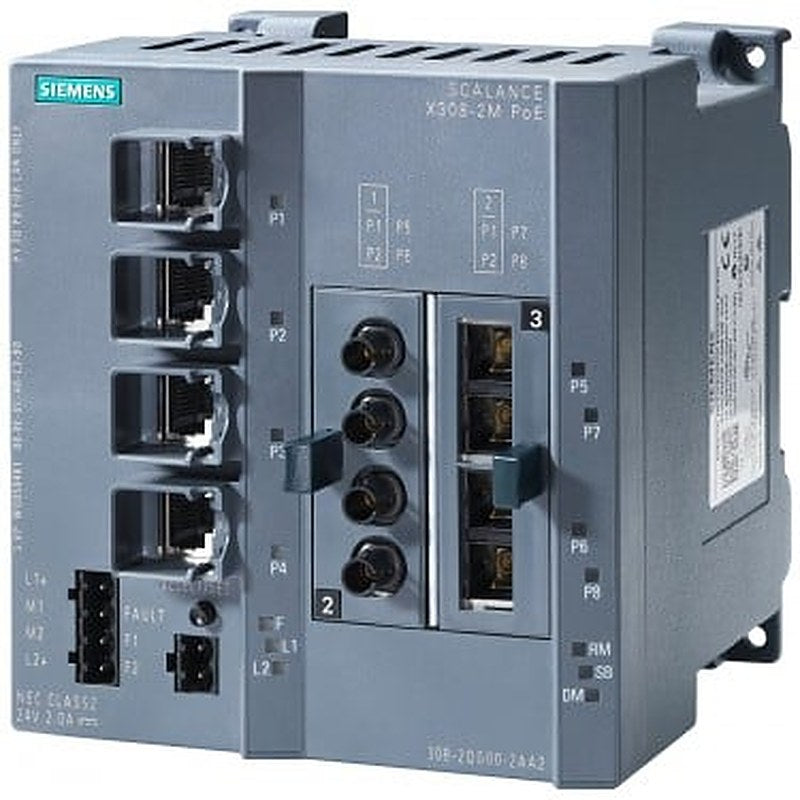 SCALANCE X308-2M PoE; managed IE switch, compact; 4x 10/100/1000 Mbit/s for RJ45 ports electrical with PoE; 2x 100/1000 Mbit/s for 2-port media modules, electrical or optical; LED diagnostics, error signaling Contact with select/set pushbutton, PROFINET IO device, network management, Integrated redundancy manager, office features (RSTP, VLAN, IGMP,..) C-plug in scope of supply.